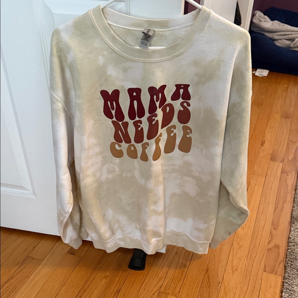 Dicey Dyes. Mama Needs Coffee Tie-Dye Sweatshirt - Beige & Brown Graphic